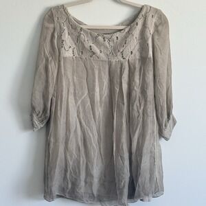 AMANTI Silk Taupe blouse Women M Lace Italy Poet Forest Fairy Whimsy Cabincore